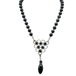 Vintage Sarah Coventry "Black Charmer" Necklace with Silver-Tone Floral Pendant